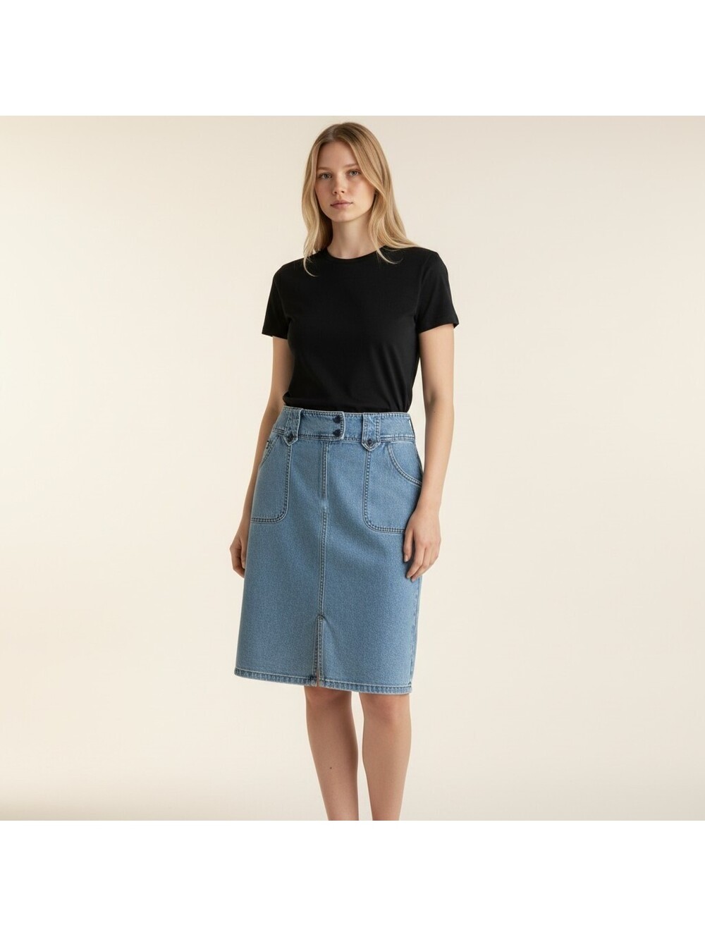 Van Heusen Skirt Women 8 Blue Denim Medium Wash A-Line Midi Pockets Stretch